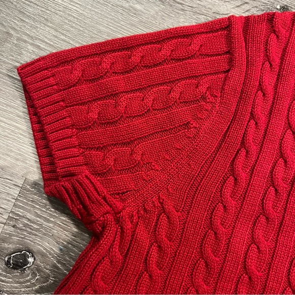 LL Bean Red Short Sleeve Cable Knit Button Down Cardigan Sweater Large Coastal - Picture 7 of 10